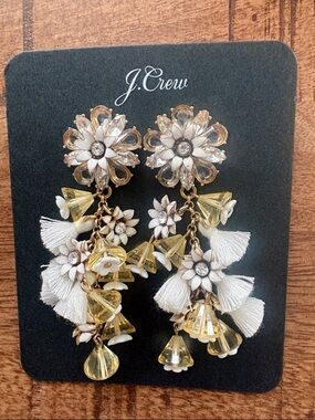 J. Crew White and Pale Yellow Floral Tassel Drop Earrings